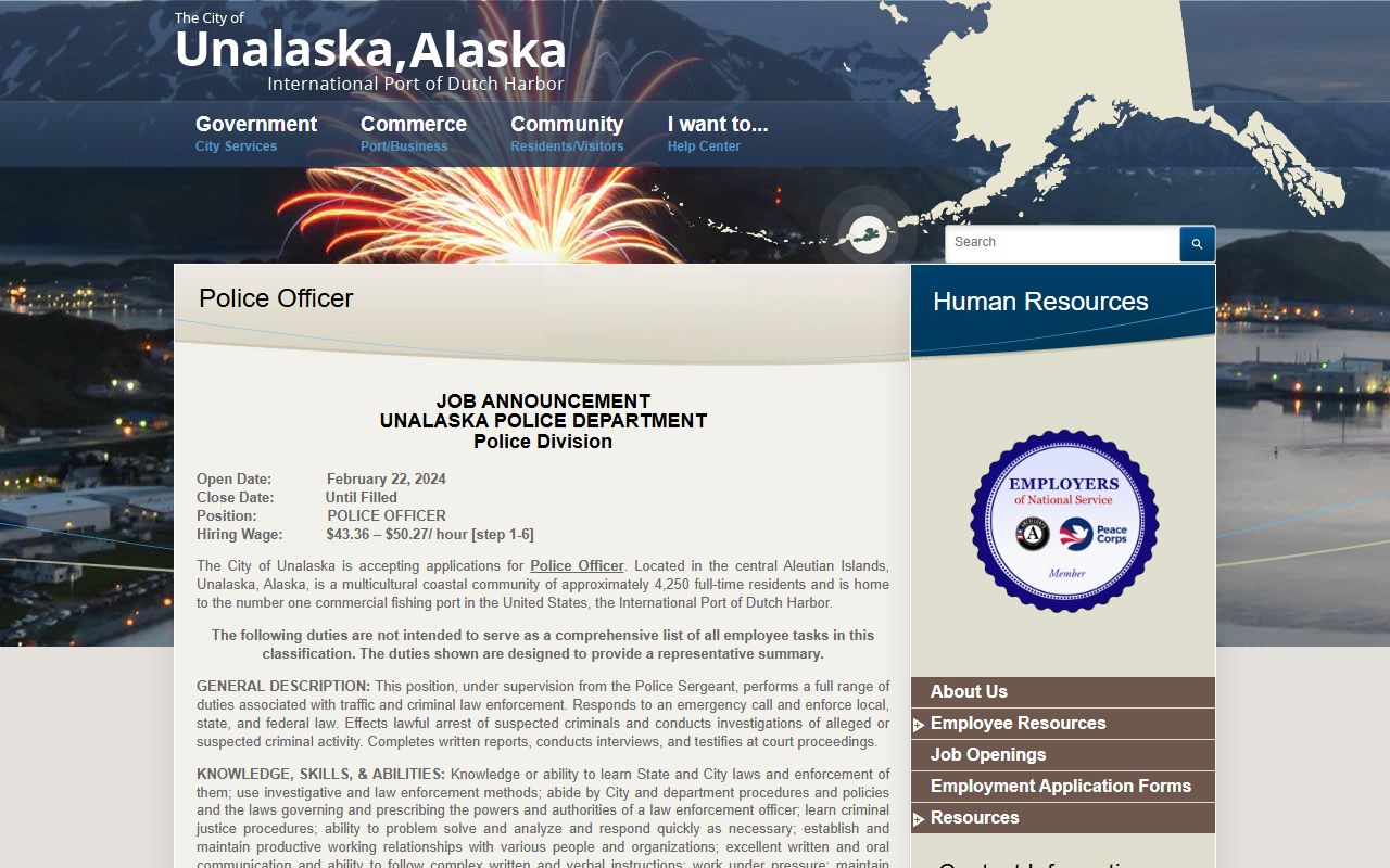 Unalaska Alaska background check police department job page