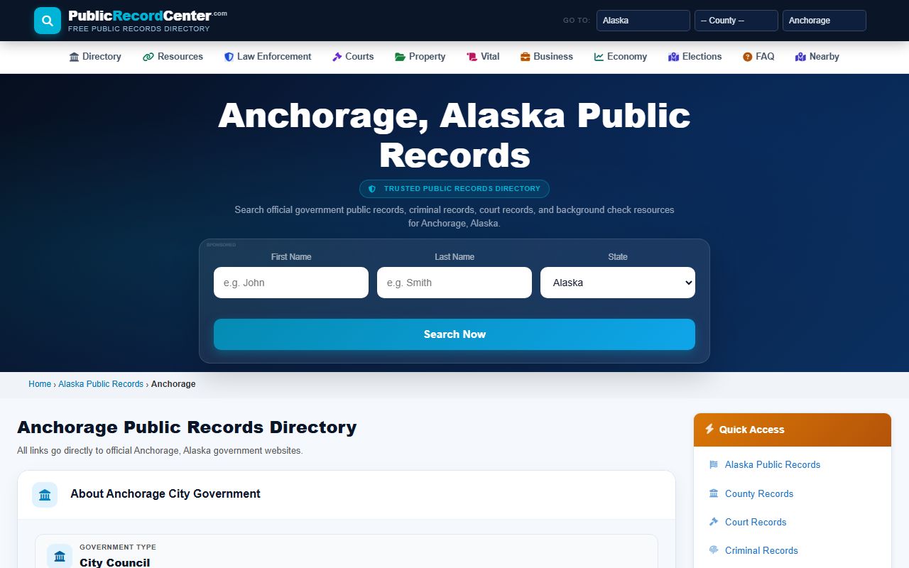 Anchorage Public Records page for Anchorage background check