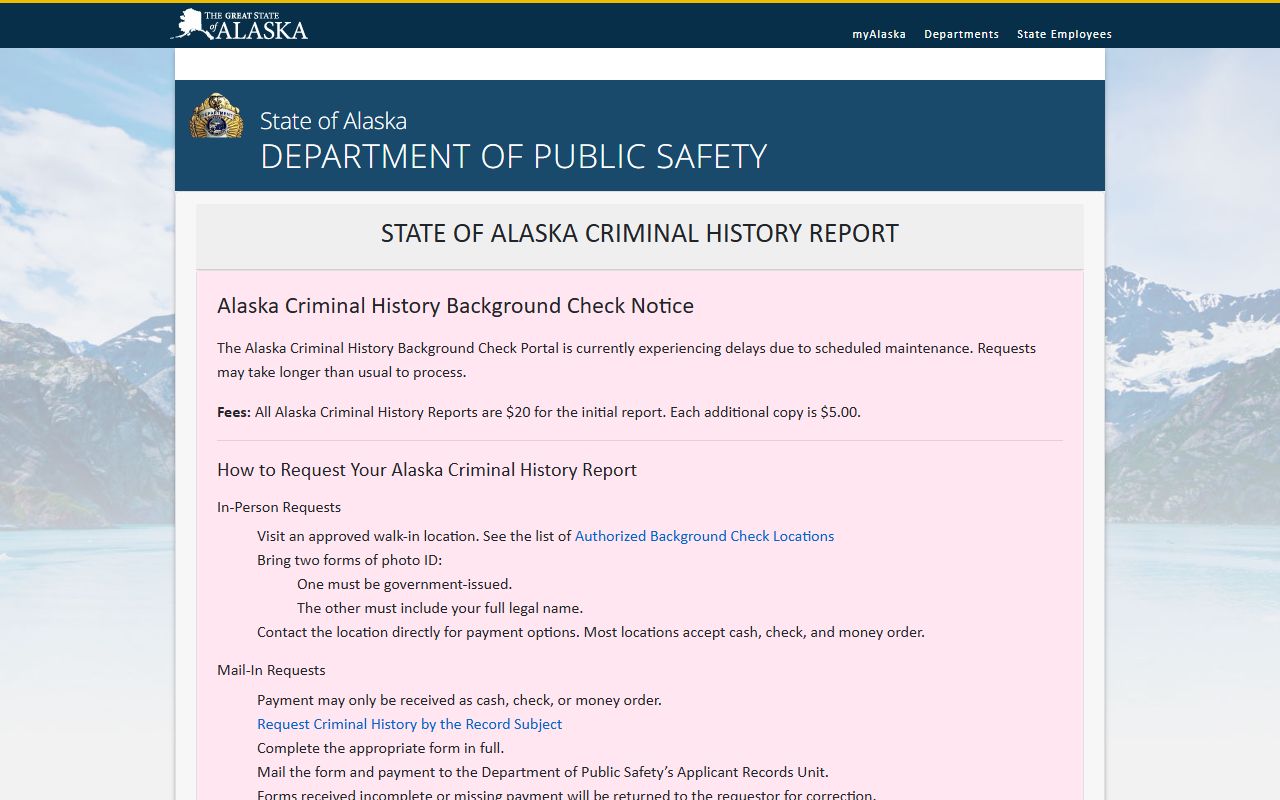 Alaska DPS background check portal screen